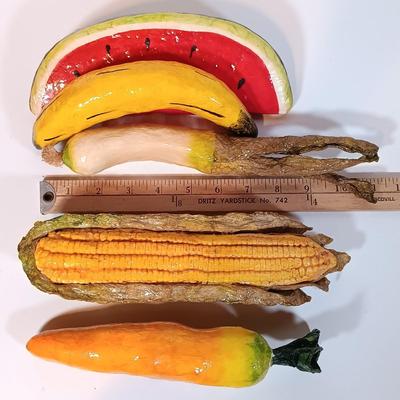 LOT 93B: Vintage California Pottery Serving Dish, Papermaché Fruit and Veggies, Cookbook Stand & Basket