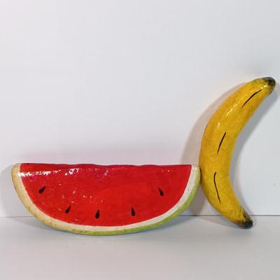 LOT 93B: Vintage California Pottery Serving Dish, Papermaché Fruit and Veggies, Cookbook Stand & Basket
