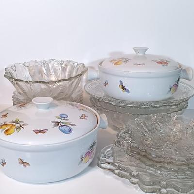 LOT 94B: Andrea by Sadek Casserole Dishes, Indiana Glass Hobnail Plates, Indiana Glass Wild Rose Pattern Plates & More