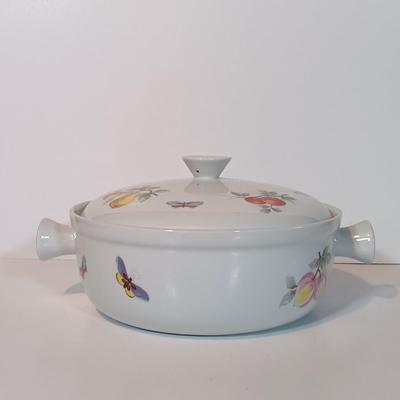 LOT 94B: Andrea by Sadek Casserole Dishes, Indiana Glass Hobnail Plates, Indiana Glass Wild Rose Pattern Plates & More