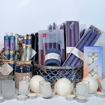 LOT 96B: Large Collection of Candles, Wire Metal Baskets & Glass Candle Holders
