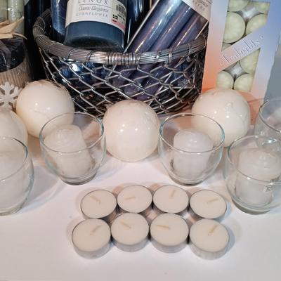 LOT 96B: Large Collection of Candles, Wire Metal Baskets & Glass Candle Holders