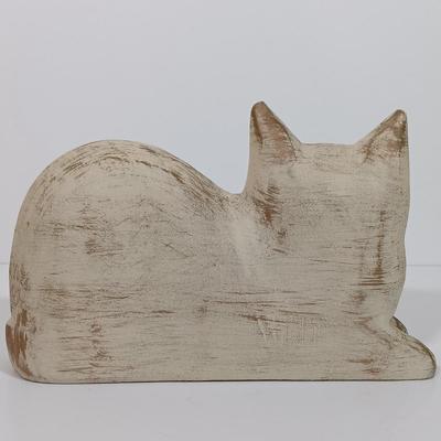 LOT 98L: Vintage Clay Art Woman Selling Fruit, Wood Folk Art Cat, Cantala Fiber Coasters & More