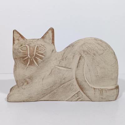 LOT 98L: Vintage Clay Art Woman Selling Fruit, Wood Folk Art Cat, Cantala Fiber Coasters & More