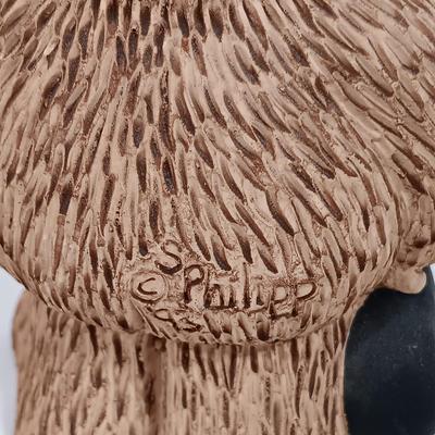 LOT 98L: Vintage Clay Art Woman Selling Fruit, Wood Folk Art Cat, Cantala Fiber Coasters & More