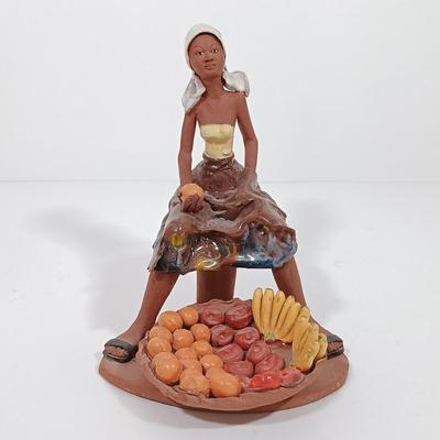 LOT 98L: Vintage Clay Art Woman Selling Fruit, Wood Folk Art Cat, Cantala Fiber Coasters & More