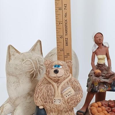 LOT 98L: Vintage Clay Art Woman Selling Fruit, Wood Folk Art Cat, Cantala Fiber Coasters & More