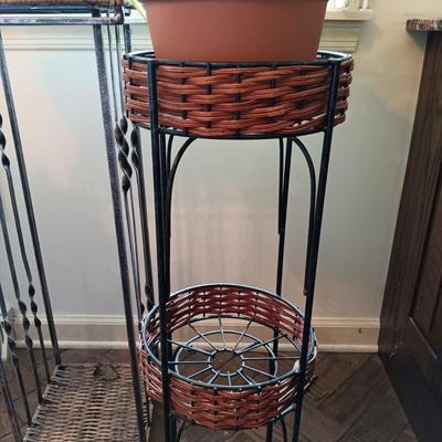 LOT 202K: Pothos Plants with Metal and Wicker Plant Stands & Watering Can