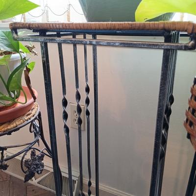 LOT 202K: Pothos Plants with Metal and Wicker Plant Stands & Watering Can