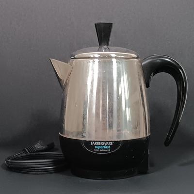 LOT 208K: Farberware SuperFast Electric Percolator, Wear-Ever Super Shooter Cookie Press & More