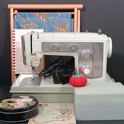 LOT 214L: Sears Kenmore 1701 Zig Zag Sewing Machine with Sewing Notions