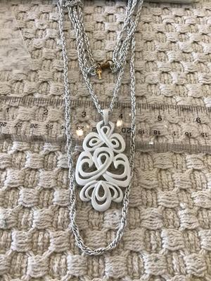 White Enamel Double Chain Crown Trifari Pendant Necklace