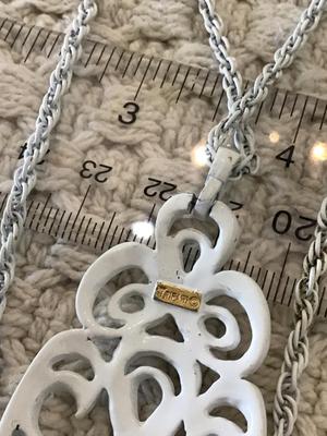 White Enamel Double Chain Crown Trifari Pendant Necklace