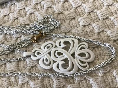 White Enamel Double Chain Crown Trifari Pendant Necklace