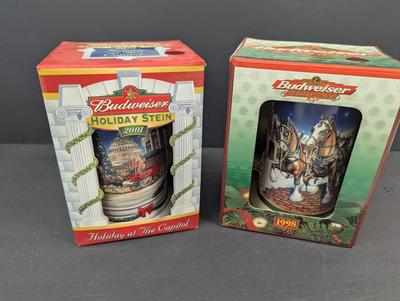 1998 Budweiser Holiday Stein & 2001 Holiday Stein Holiday At The Capitol #1 & #2
