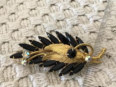 Black Rhinestones Sparkling Gold Leaf Brooch Vintage