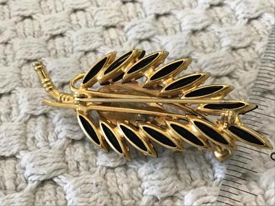 Black Rhinestones Sparkling Gold Leaf Brooch Vintage