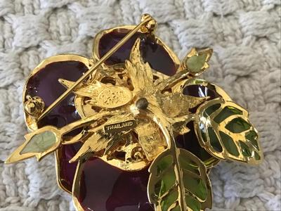 Joan Rivers Signed Enameled Ruby Red Rose Flower Stained Glass Leaf