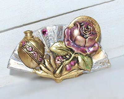 "ROSE & VASE" BROOCH (1¾" x 1¼") on a Foldable FAN Gold Tone Setting