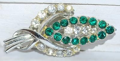 GREEN & CLEAR Stones "CORN STALK" BROOCH (2½" x 1⅛") on a Silver Tone Setting