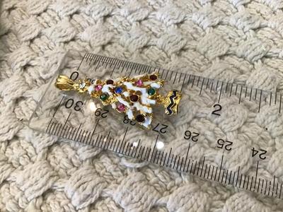 Enamel CZ Rhinestone Snow Covered pine tree Gold Tone Pendant 1980