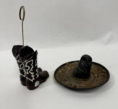 Sale Photo Thumbnail #228: Sombrero marked "MEXICO" but no other markings.  Approx. 4.25" across, boots are approx. 5.5" tall at the top of the holder ring. Both are in good condition.