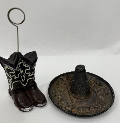 Sale Photo Thumbnail #225: Sombrero marked "MEXICO" but no other markings.  Approx. 4.25" across, boots are approx. 5.5" tall at the top of the holder ring. Both are in good condition.