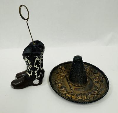 Sale Photo Thumbnail #226: Sombrero marked "MEXICO" but no other markings.  Approx. 4.25" across, boots are approx. 5.5" tall at the top of the holder ring. Both are in good condition.