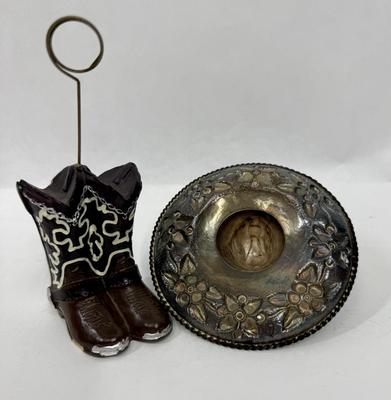 Sale Photo Thumbnail #229: Sombrero marked "MEXICO" but no other markings.  Approx. 4.25" across, boots are approx. 5.5" tall at the top of the holder ring. Both are in good condition.