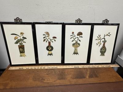 Sale Photo Thumbnail #111: Set of 4 framed wall art pieces, each a 3-dimensional relief assembled from various colors and shapes of carved and polished stone. Tac is a flower and vase representing the 4 seasons: Spring - Double Happiness, Summer - Good Luck, Autumn - Happiness, and