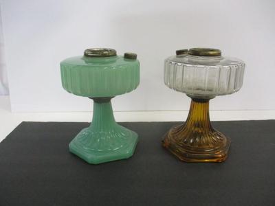 Vintage 1930's Aladdin Oil Lamp Jadeite Glass Milk Deco & Aladdin Corinthian Amber & Clear Oil Lamp #2