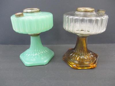Vintage 1930's Aladdin Oil Lamp Jadeite Glass Milk Deco & Aladdin Corinthian Amber & Clear Oil Lamp #2