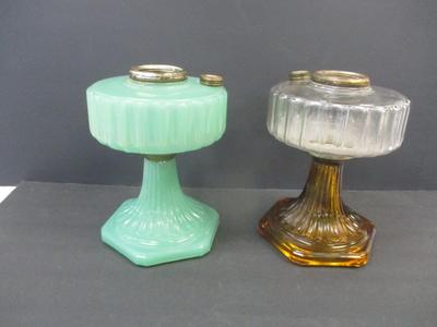 Vintage 1930's Aladdin Oil Lamp Jadeite Glass Milk Deco & Aladdin Corinthian Amber & Clear Oil Lamp #2