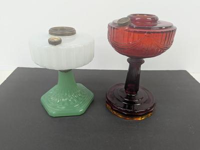 Aladdin Corinthian Moonstone White Font Green Jade Foot B-125 Kerosene Oil Lamp & Aladdin Ruby Red Lincoln Drape Oil Lamp #11