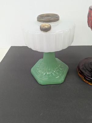 Aladdin Corinthian Moonstone White Font Green Jade Foot B-125 Kerosene Oil Lamp & Aladdin Ruby Red Lincoln Drape Oil Lamp #11