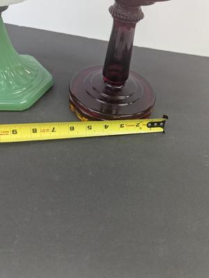 Aladdin Corinthian Moonstone White Font Green Jade Foot B-125 Kerosene Oil Lamp & Aladdin Ruby Red Lincoln Drape Oil Lamp #11