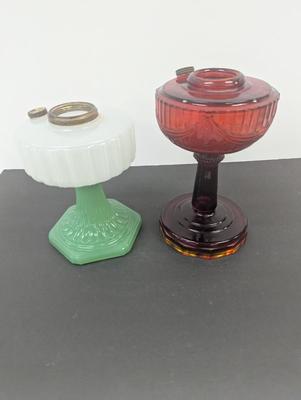 Aladdin Corinthian Moonstone White Font Green Jade Foot B-125 Kerosene Oil Lamp & Aladdin Ruby Red Lincoln Drape Oil Lamp #11