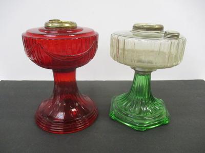 Aladdin Ruby Red Lincoln Draft Drape Lamp & Aladdin Clear Front & Green Stand Glass Corinthian Lamp #4