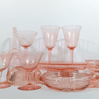 LOT 85: Pink Depression Glass Dishes