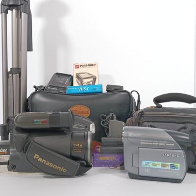 LOT 87: Panasonic PV-A207 Palmcorder, Samsung SC-D372 Digital Video Camcorder, Tripod, Cases & More