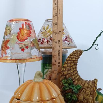 LOT 91: Autumn Collection - Yankee Candle Candleholders, Harvest Sign, Ceramic Turkey Planter & More