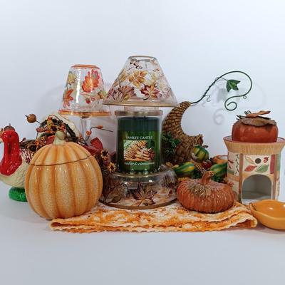 LOT 91: Autumn Collection - Yankee Candle Candleholders, Harvest Sign, Ceramic Turkey Planter & More