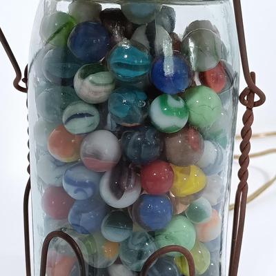 LOT 92: Marble Filled Ball Jar Lamp with Vintage Tins