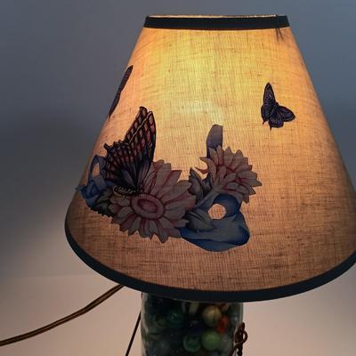 LOT 92: Marble Filled Ball Jar Lamp with Vintage Tins