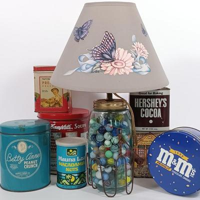 LOT 92: Marble Filled Ball Jar Lamp with Vintage Tins