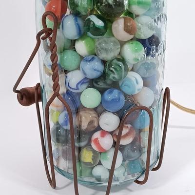 LOT 92: Marble Filled Ball Jar Lamp with Vintage Tins
