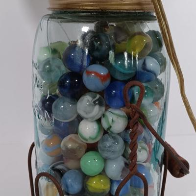 LOT 92: Marble Filled Ball Jar Lamp with Vintage Tins