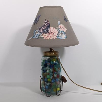 LOT 92: Marble Filled Ball Jar Lamp with Vintage Tins