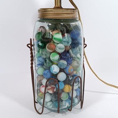 LOT 92: Marble Filled Ball Jar Lamp with Vintage Tins