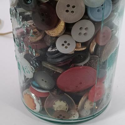 LOT 93: Sewing Boxes with Sewing Notions, Button Filled Ball Jar Lamp & More